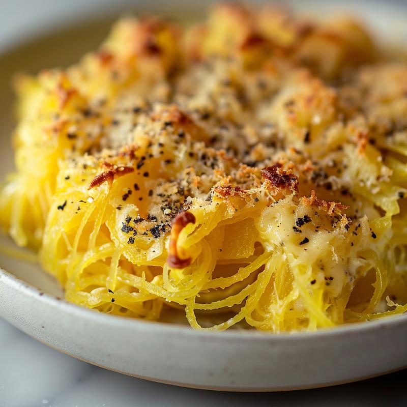 A close-up view of baked spaghetti squash au gratin on a light grey ceramic plate, showcasing its cheesy, golden-brown top.