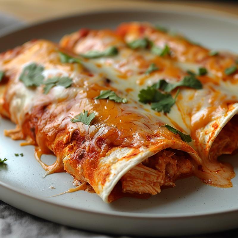 A close-up of chicken enchiladas on a light grey ceramic plate, showcasing their texture and vibrant colors.