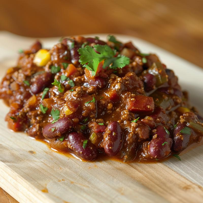 A close-up of a bowl of vegetarian chili, showcasing rich colors and textures, on a light wood board.