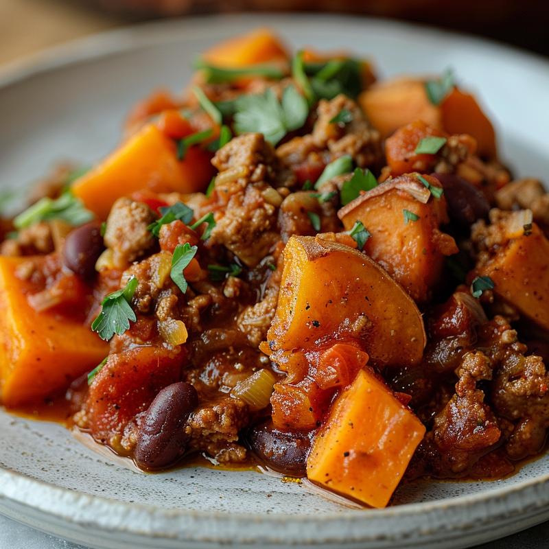 Close-up of a vibrant bowl of turkey chili with sweet potatoes on a grey ceramic plate.