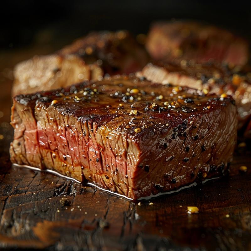 A close-up view of a beautifully plated keto beef dish on a rustic wooden table, showcasing rich textures and colors.