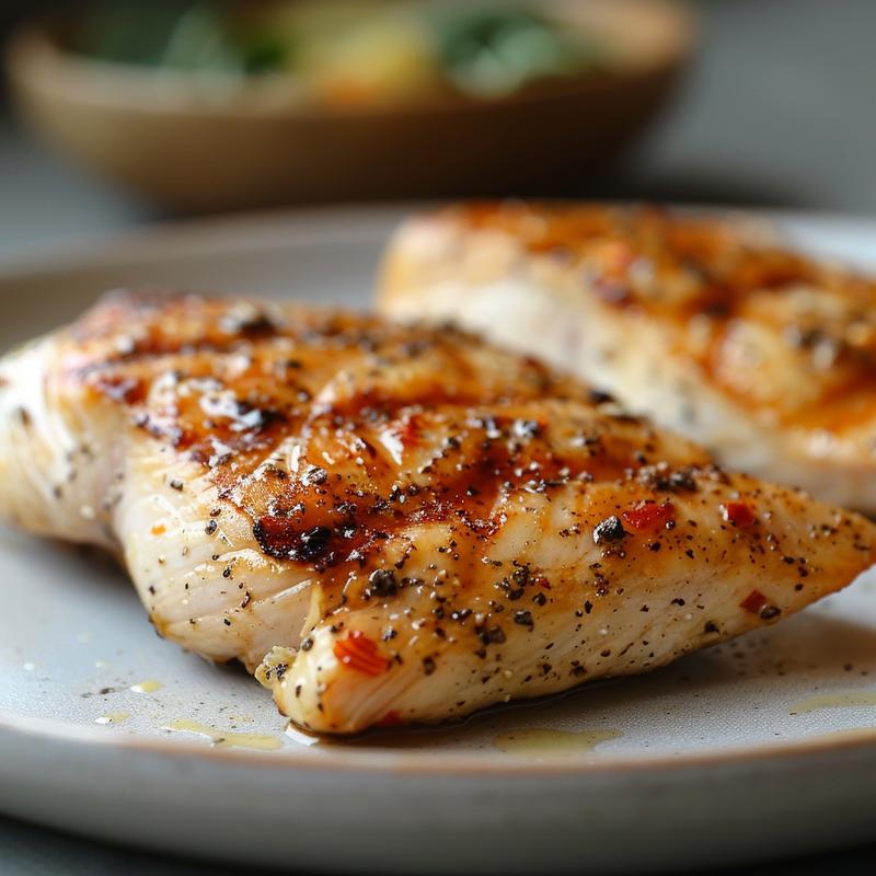 Close-up of a beautifully plated high-protein meal on a light grey ceramic plate.