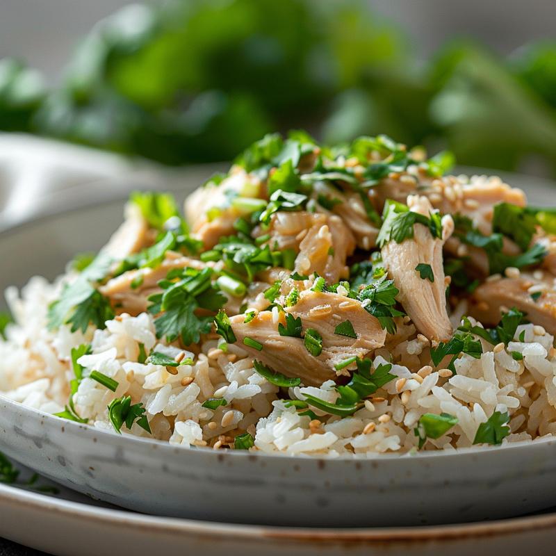 Close-up of chicken rice bowls presented on a grey plate, showcasing vibrant ingredients and textures.