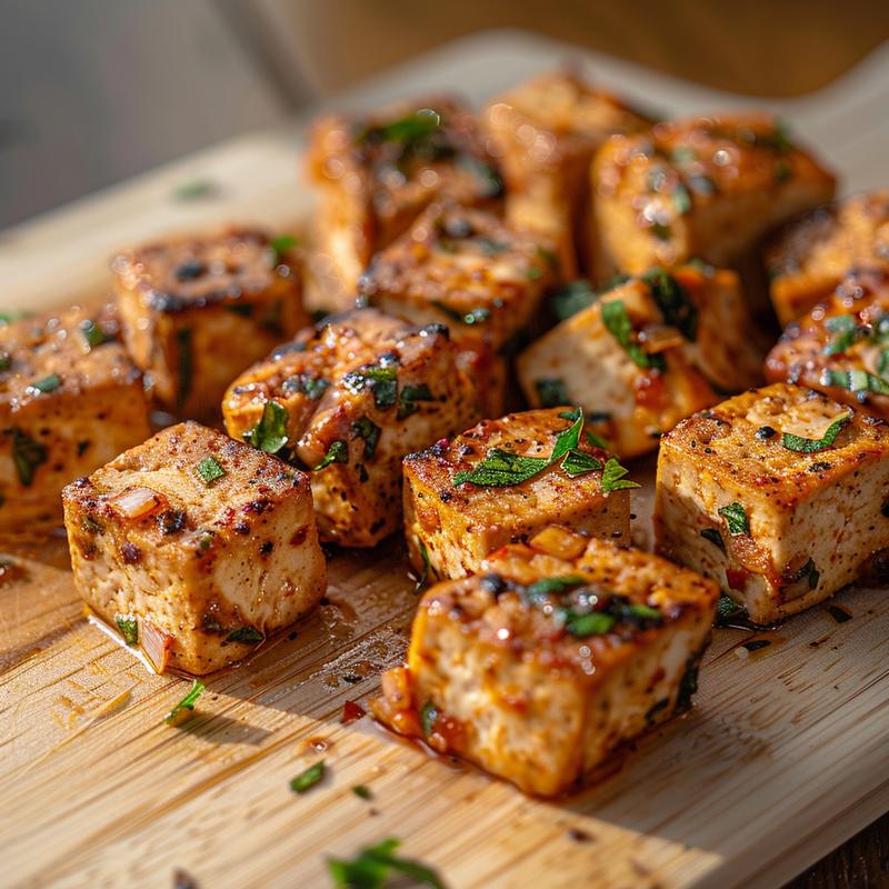 A close-up view of creamy Tuscan tofu on a light wood board, showcasing its texture.