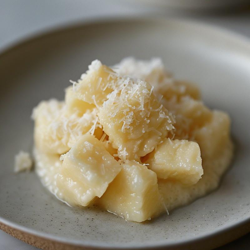 Extreme close-up of a creamy pina colada breakfast smoothie on a light grey ceramic plate, showcasing its texture.