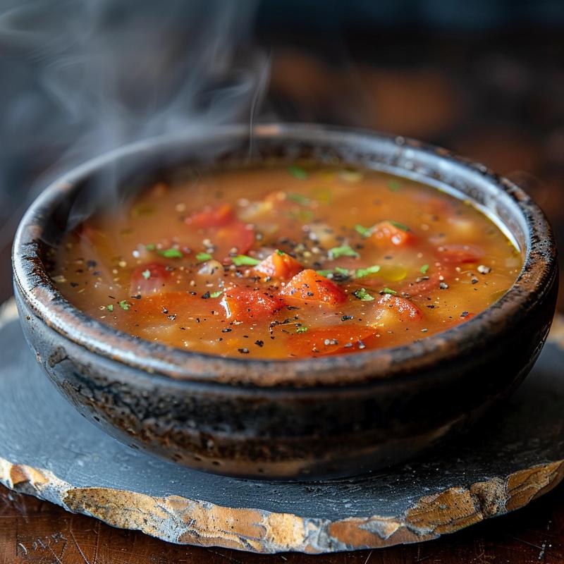 Close-up of a steaming bowl of roasted garlic and tomato soup on a rustic slate plate.