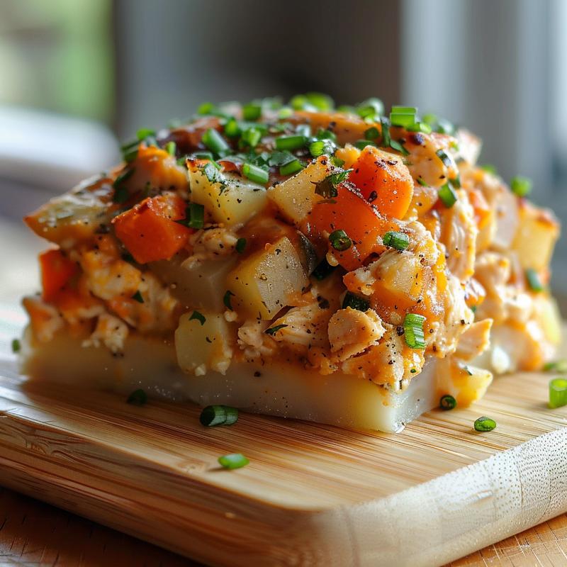 Close-up of a portion of chicken and veggie casserole on a wooden board.