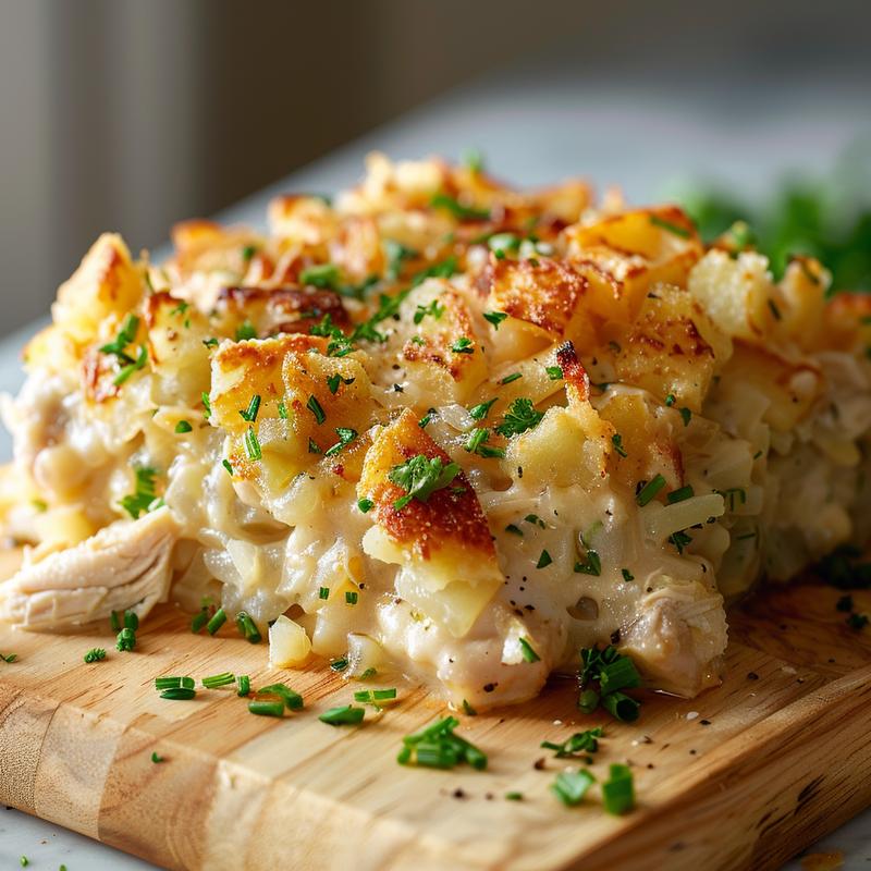 Close-up of a creamy chicken and hash brown casserole on a wooden board.