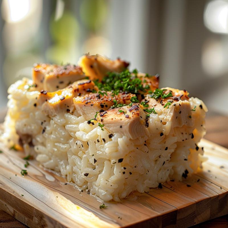 Close-up of a portion of chicken and rice casserole on a light wood board.