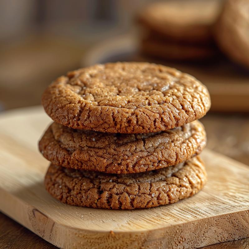 Three freshly baked cowboy cookies stacked on a light wood board.