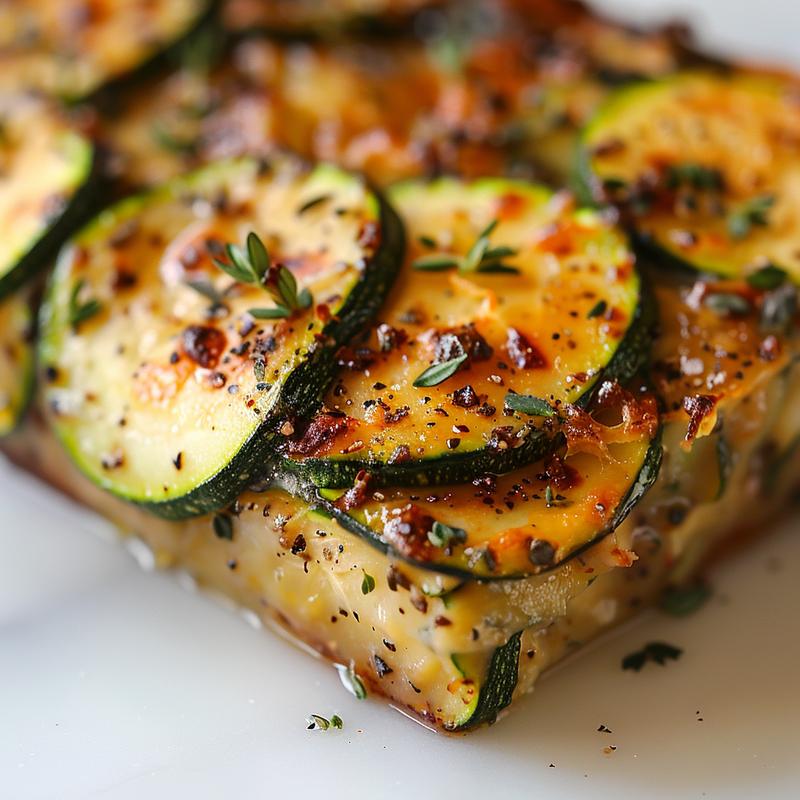 A hyper-detailed close-up of a portion of savory zucchini casserole on a white marble surface.