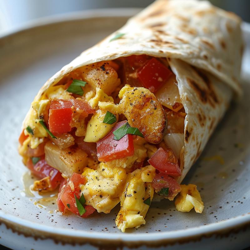Close-up of breakfast meal prep wraps on a light grey ceramic plate.