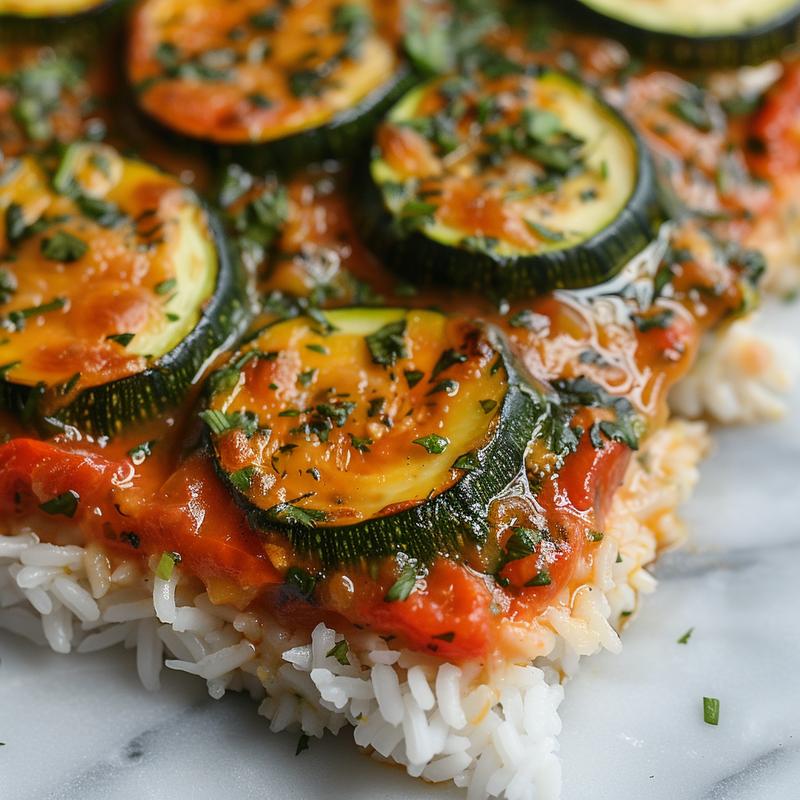 Close-up of a zucchini tomato casserole with rice on a white marble surface.