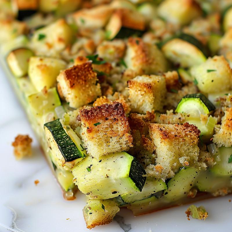 Close-up of a zucchini casserole with stuffing mix on a white marble surface.