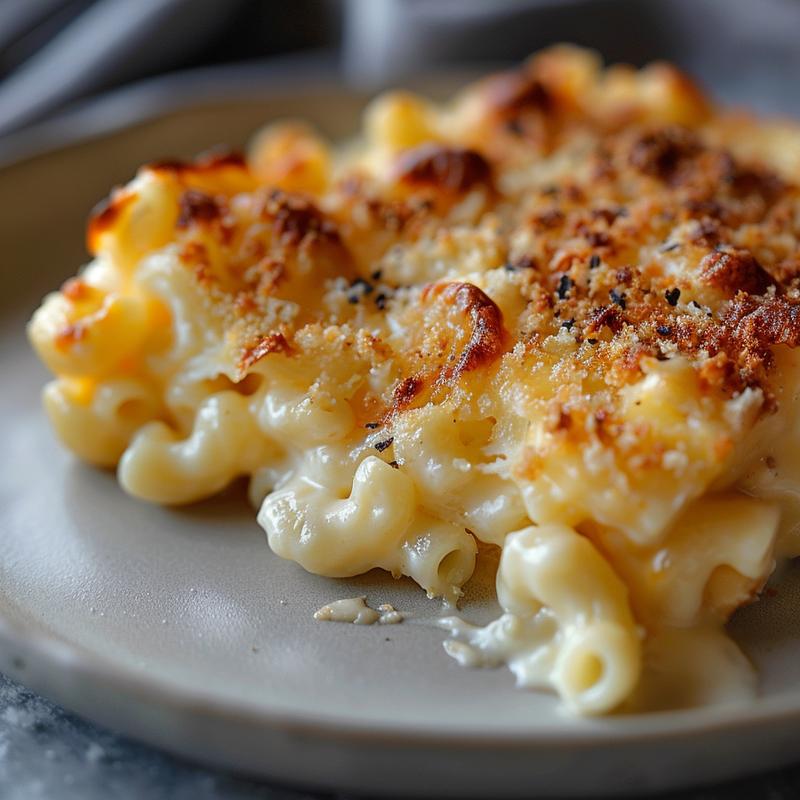 Close-up of a creamy portion of baked mac and cheese on a light grey ceramic plate.