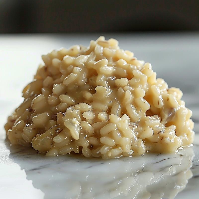A close-up of creamy brown rice risotto with a smooth texture, arranged on a white marble surface.