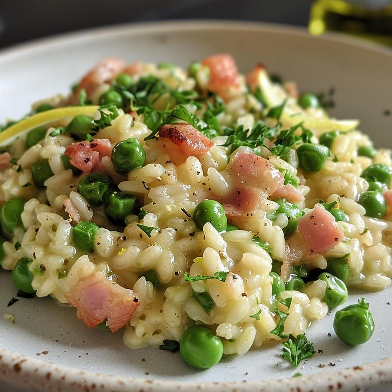A close-up of creamy oven baked pea pancetta and lemon risotto on a light grey ceramic plate.