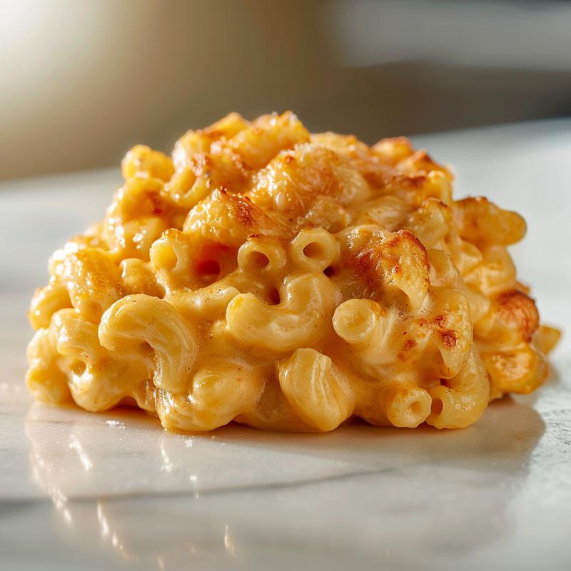 Close-up of a creamy portion of southern baked macaroni and cheese on a marble surface.