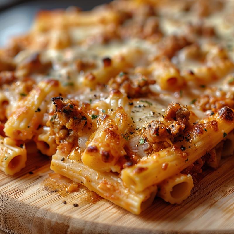 An extreme close-up of a portion of baked ziti on a wooden board, showcasing its cheesy, saucy texture.