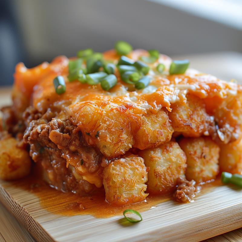 Close-up of a serving of tater tot casserole on a wooden board, showcasing crispy tater tots and melted cheese.