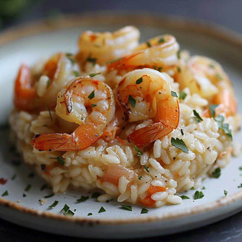 A close-up view of a portion of baked shrimp risotto on a light grey ceramic plate, showcasing the rich texture and color of the dish.
