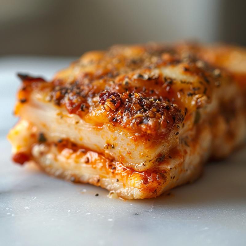 Close-up of a delicious portion of freezer meals for new moms on a white marble surface.