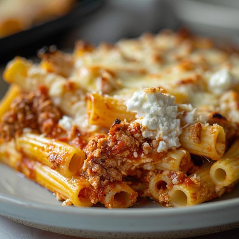 A close-up view of a serving of baked ziti topped with ricotta cheese on a light grey ceramic plate.