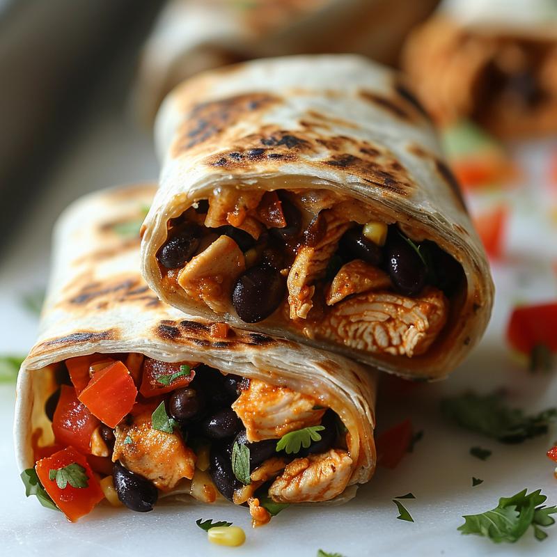 Close-up of a chicken and black bean burrito on a white marble surface.