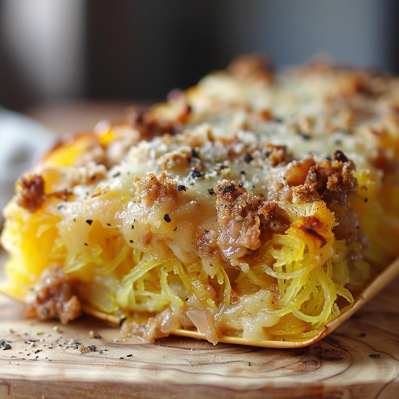 Close-up of a sumptuous serving of spaghetti squash pasta bake with golden cheese.