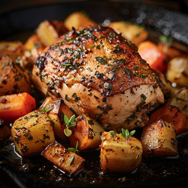 Close-up of a serving of herb roasted chicken with vibrant vegetables on a rustic cast iron surface.