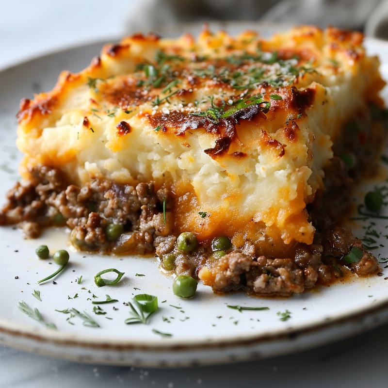 Close-up of a perfectly sliced shepherd's pie on a white marble plate.