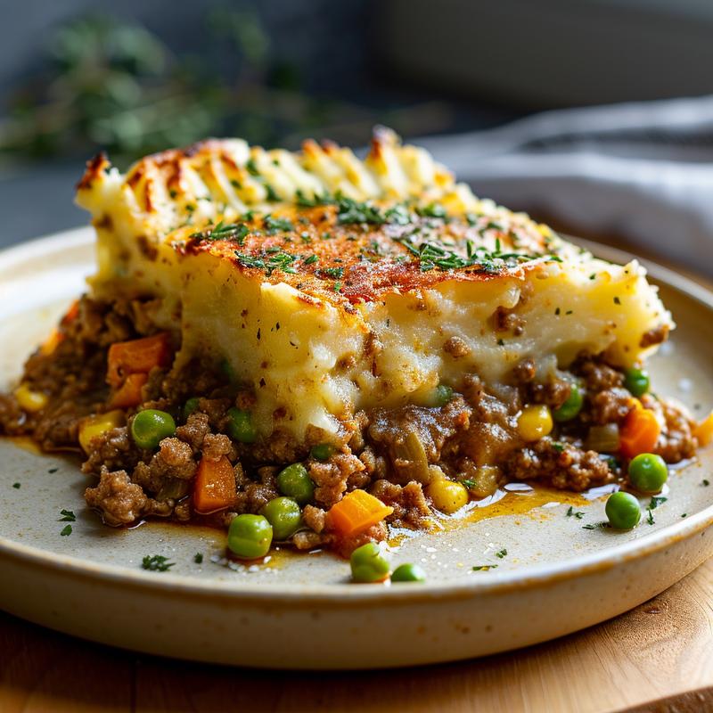 Close-up of a perfectly sliced shepherd's pie with ground turkey, served on a wooden board.