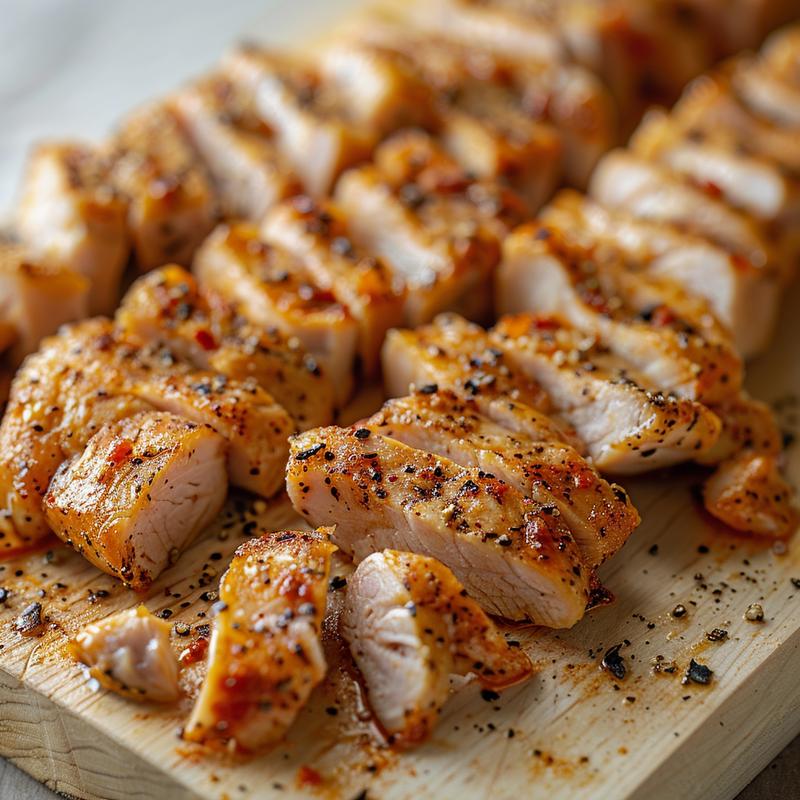 Close-up of a vibrant high protein meal prep portion on a light wood board.