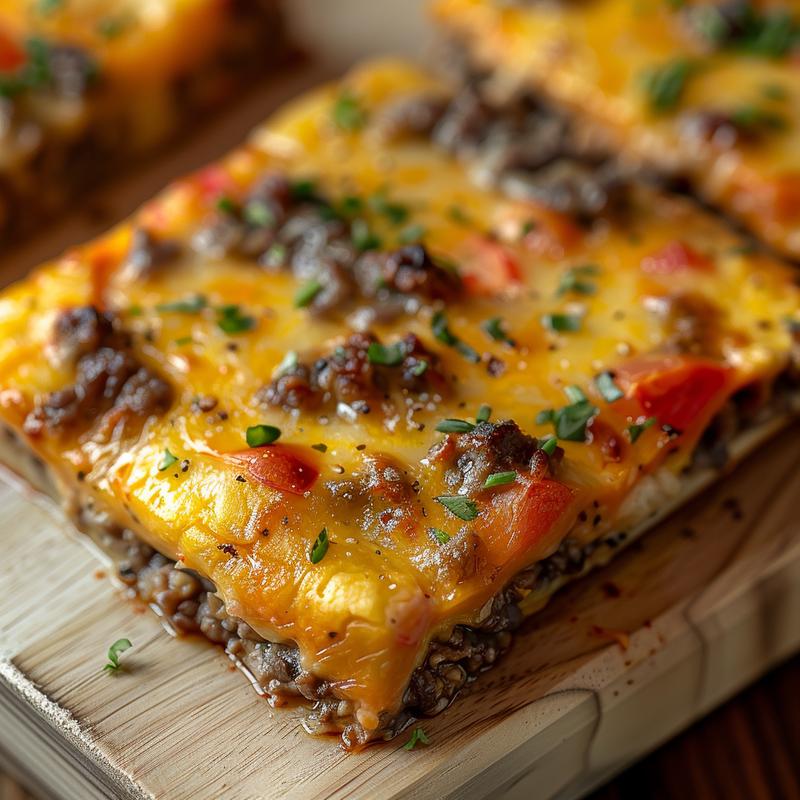 Close-up of a vibrant, low-carb keto casserole with a rich texture on a wooden board.