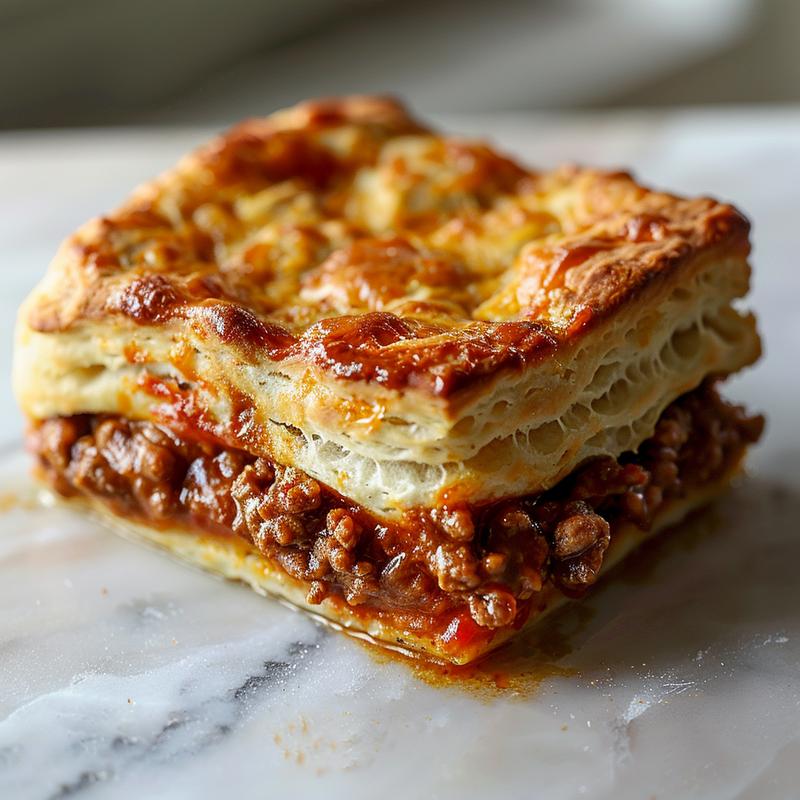 Close-up view of a portion of sloppy joe biscuit casserole on a white marble surface.