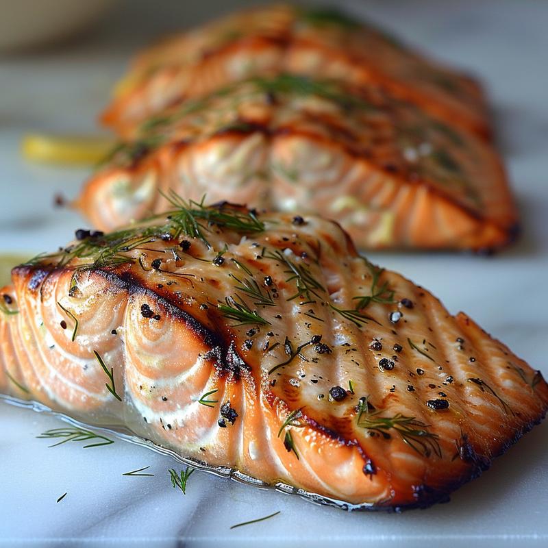 Close-up of grilled salmon garnished with lemon slices and fresh dill on a white marble surface.