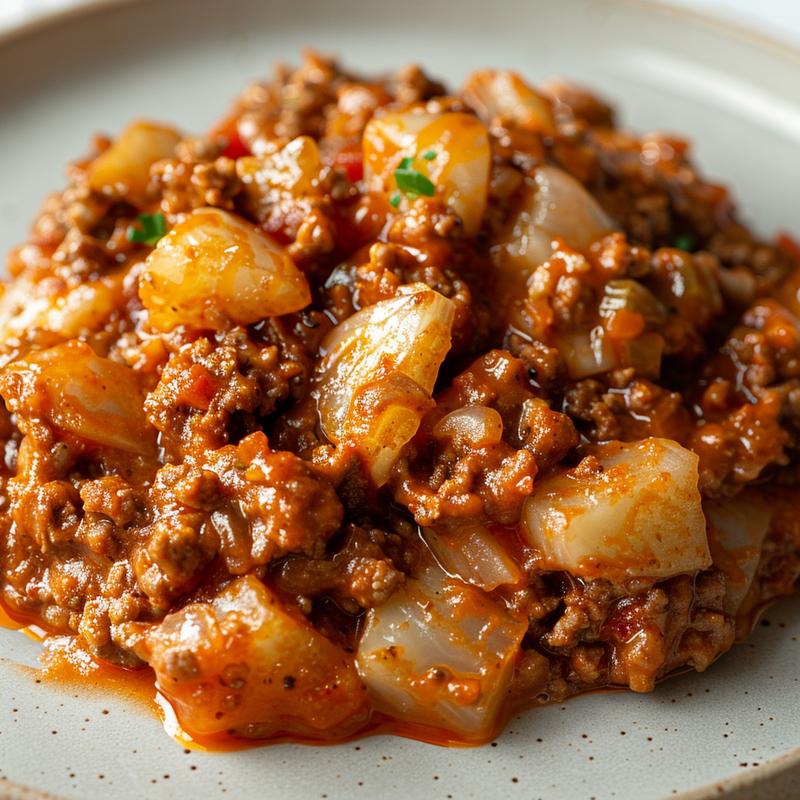 Close-up of a scoop of crockpot sloppy joe casserole on a grey plate.