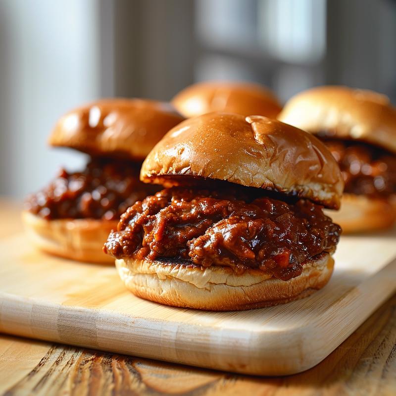 Close-up image of three sloppy joe sliders on a light wood board.