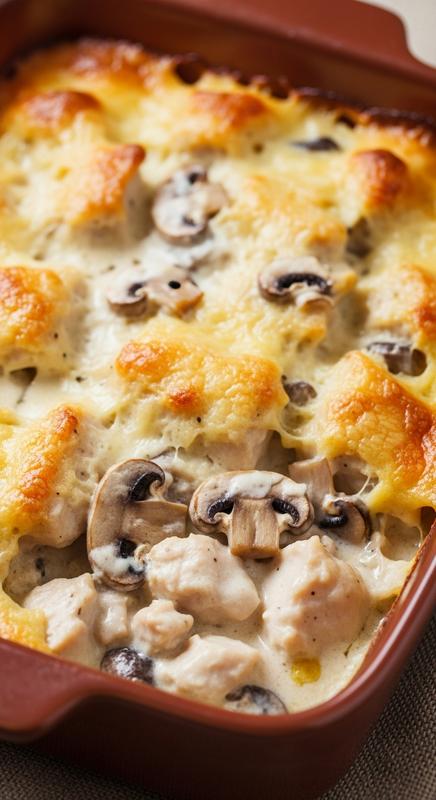 Creamy chicken bake in a rustic baking dish.