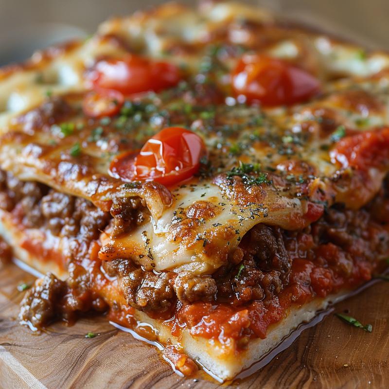 Close-up of pizza casserole with visible beef, sauce, and seasoning on a light wood board.