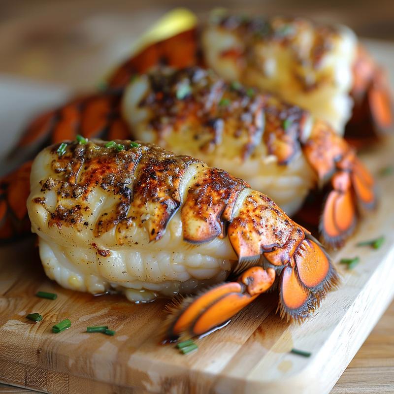 Close-up of baked lobster tail with melted butter and paprika on a wooden board.
