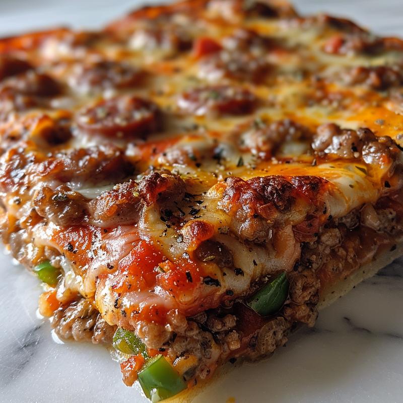 Close-up of pizza casserole with sausage, peppers, and tomato sauce on white marble.
