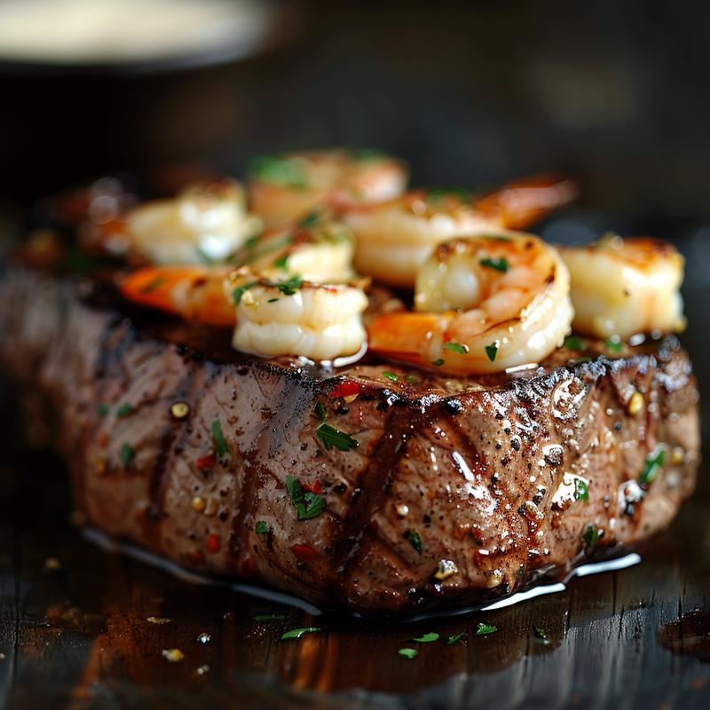 Steak topped with creamy garlic shrimp on a dark wood surface.