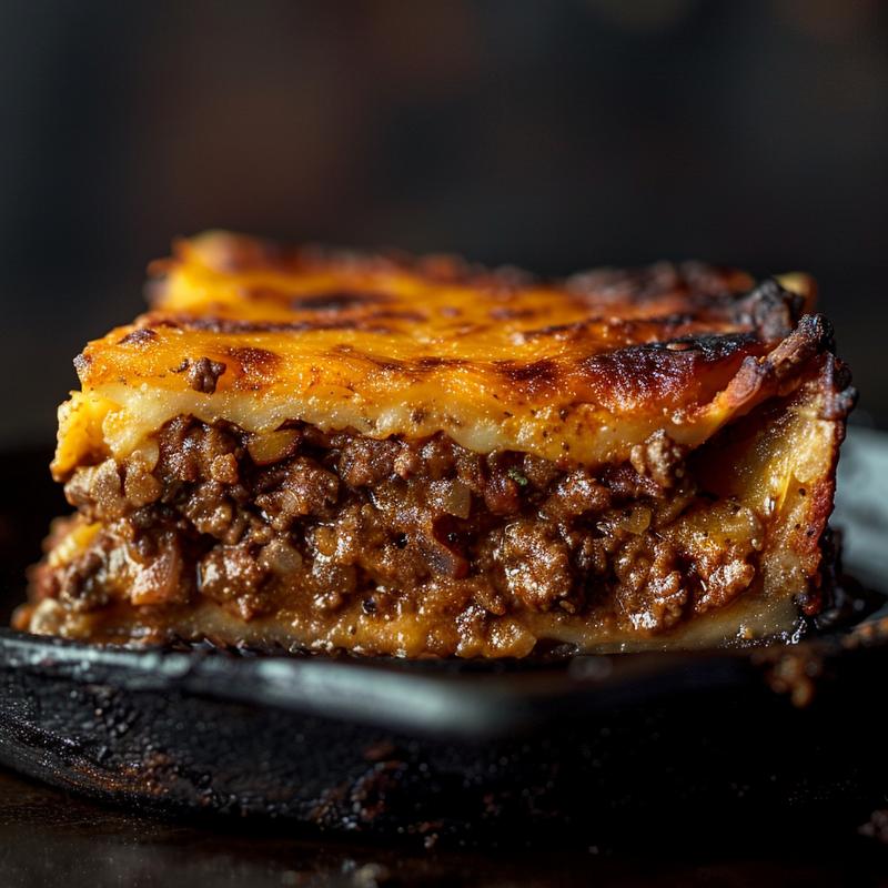 Close-up of a keto Mexican ground beef casserole on a cast iron surface.