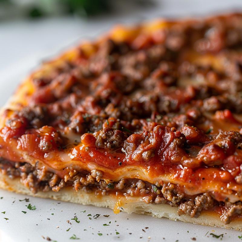 Close-up of pizza casserole showing ground beef, sauce, and Italian seasoning.