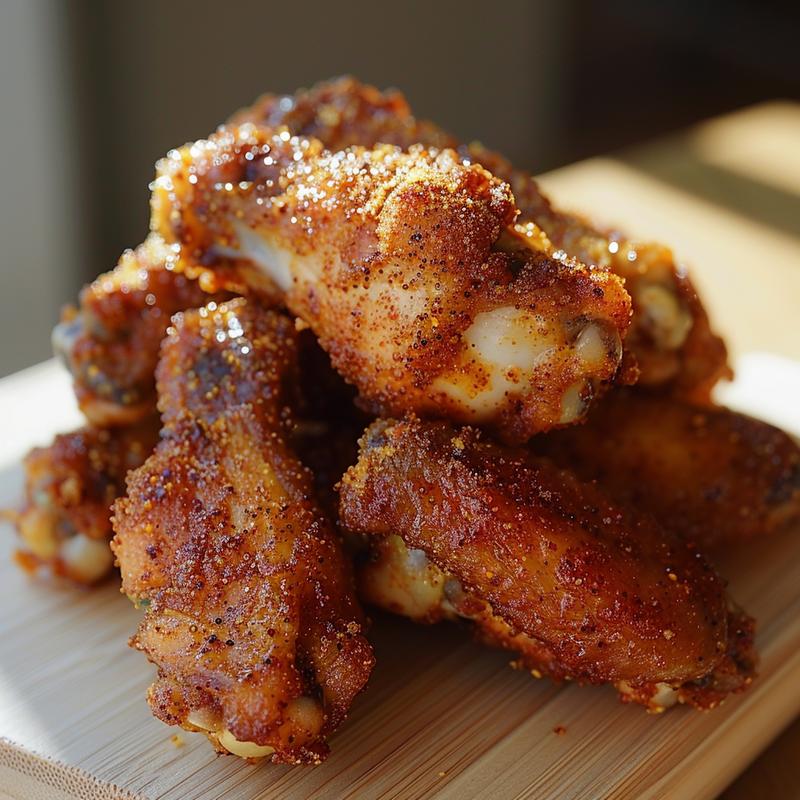 Close-up of glazed, reddish-brown deviled chicken wings on light wood.