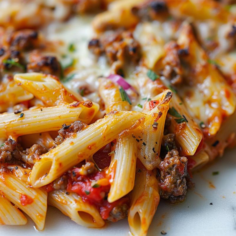 Close-up of pizza pasta casserole showcasing pasta, sauce, and meat.