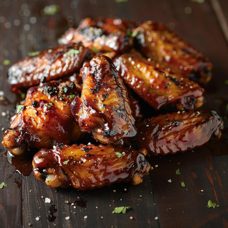 Close-up of BBQ wings on a dark wooden table.