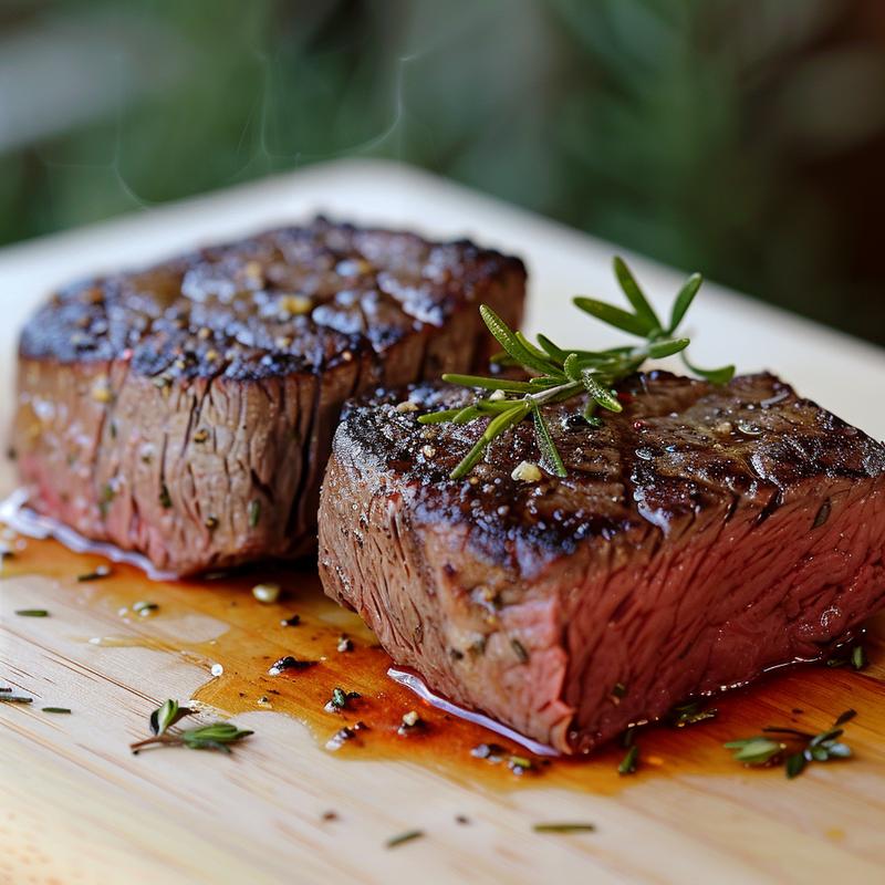 Close-up of a perfectly cooked filet mignon steak on a wooden board.