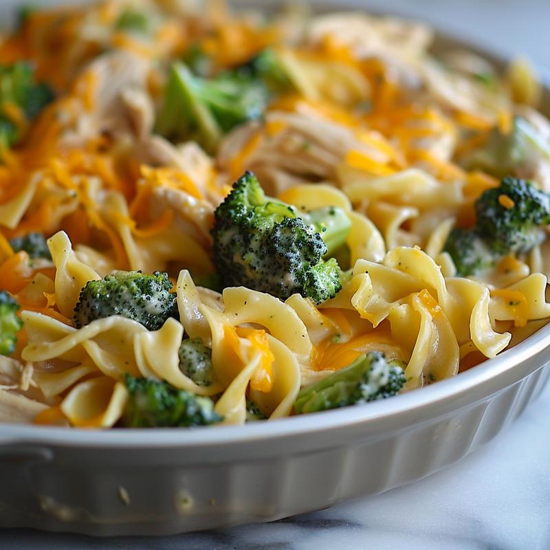 Close-up of creamy broccoli cheddar chicken noodle casserole with visible noodles, chicken, and broccoli.